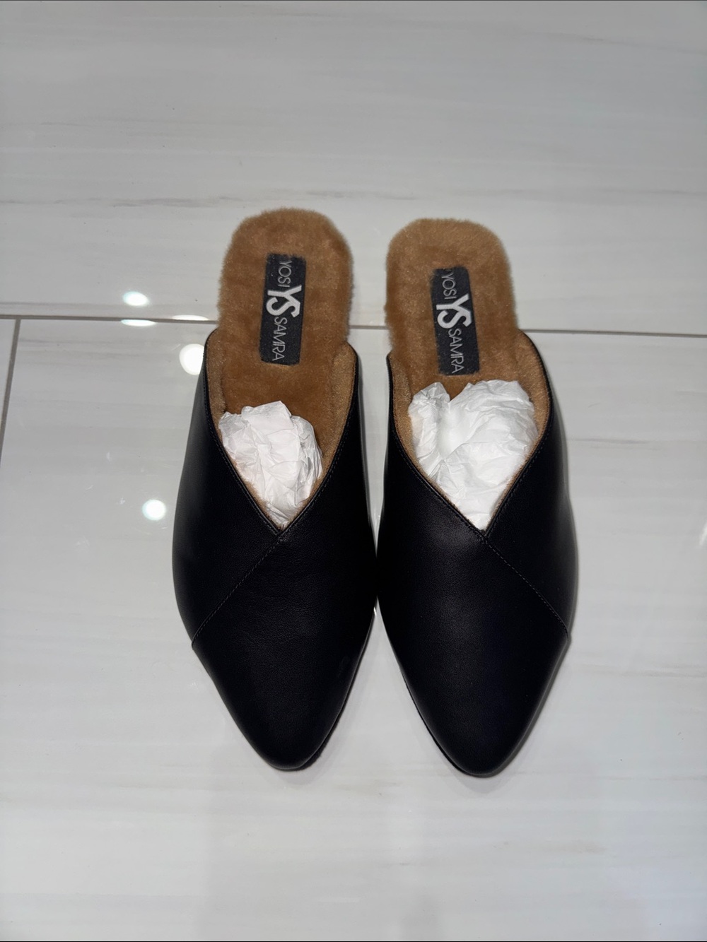 Yosi Samra Black Pointed Faux-Leather Mules with Tan Lining